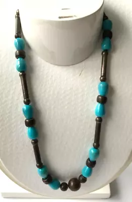 Vintage Brass Turquoise Blue Bead Necklace • $14.99