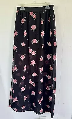 NWT H&M Divided Black Pink Maxi Sheer Chiffon High Slit Skirt Sz 2 Cottage As Is • $10.99