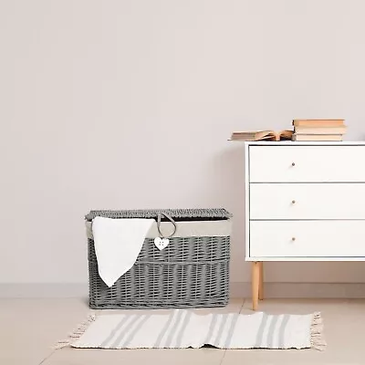 Wickerfield Grey Wicker Basket Storage Chest Trunk Hamper With Cloth Linning • £45.99