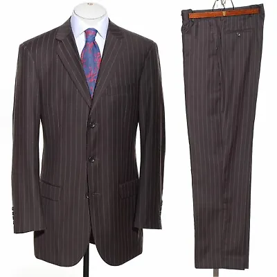 40L Long Slim Emanuel Ungaro Brown Pinstriped Wool Two-Piece Suit 32x32 Trousers • $88