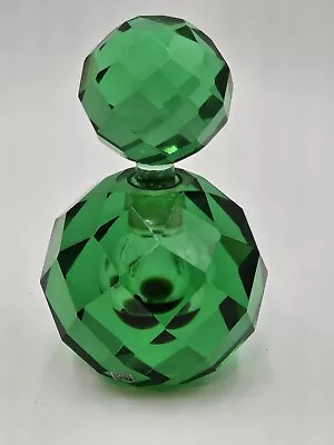 VINTAGE IRICE GREEN CRYSTAL PRISM GLASS PERFUME BOTTLE WITH STICKER 1950s MCM • $42