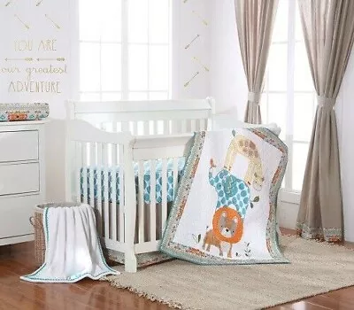 3pc JUNGLE SAFARI FULL CRIB SET QUILT FITTED SHEET SKIRT Lion Elephant Giraffe • $40.49