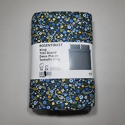 IKEA Rosentibast King Size Duvet Cover + 2 Pillowcases Floral Dark Blue • £76