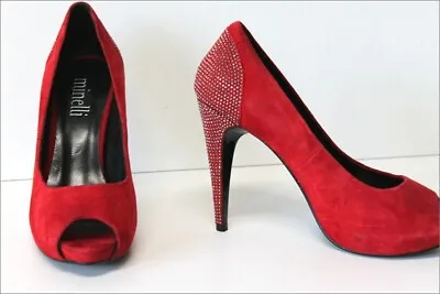 Minelli Court Shoes Evening Red Velvet Heels Rhinestone T 37 Very Good Condition • $44.60