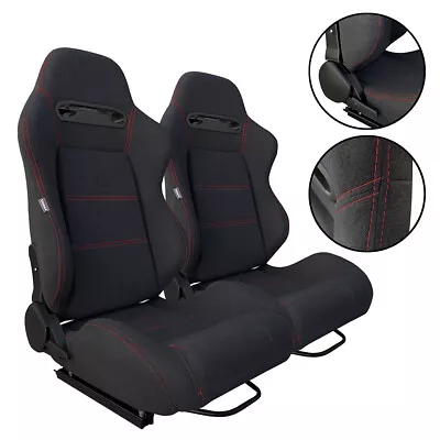 2 X TANAKA BLACK CLOTH RED STITCH RACING SEATS RECLINABLE W/ SLIDER FOR MAZDA  • $296.66