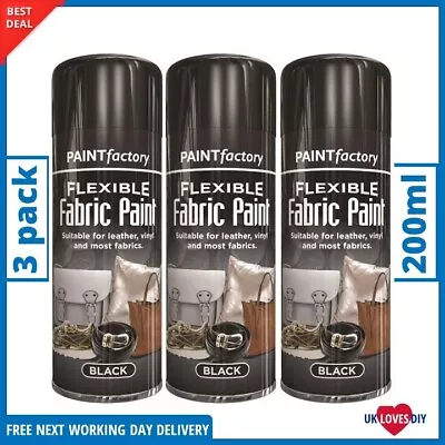 3 X 200ml Black Flexible Fabric Spray Paint Leather Vinyl Textile Clothes • £9.98