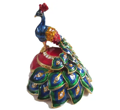 $17.60 • Buy Bejeweled   Peacock Red & Green   Hinged Metal Enameled Rhinestone Trinket Box