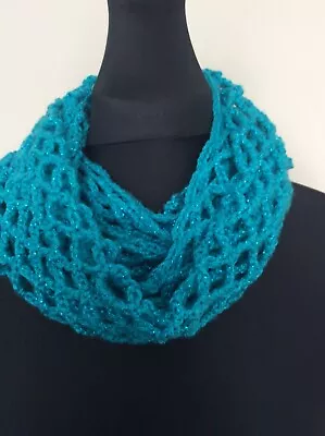 Turquoise Blue Crochet Infinity Scarf Cowl Neck Warmer Lagenlook S970 • £9