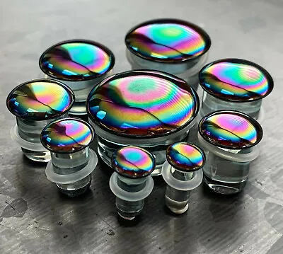 PAIR Oil Slick Design Pyrex Glass Single Flare Plugs Gauges Body Jewelry  • $15.95