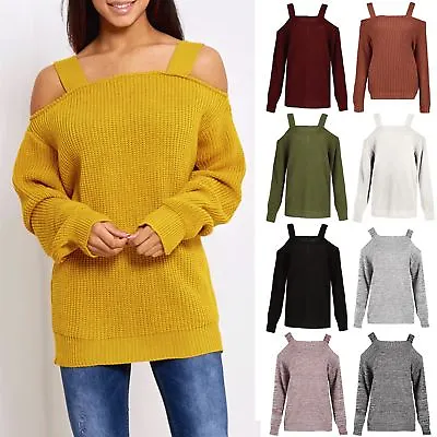 Womens Oversized Jumper Ladies Knitted Cold Cut Shoulder Baggy Straps Bardot Top • £7.69