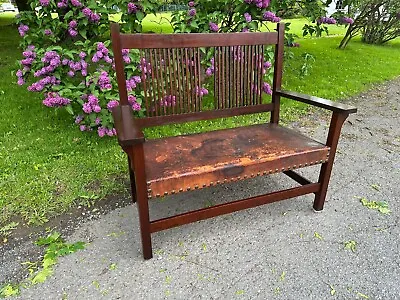 RARE ANTIQUE   L&jG STICKLEY  Settee W/ORIGINAL Leather. Tacks FREE SHIPP  W7252 • $4200