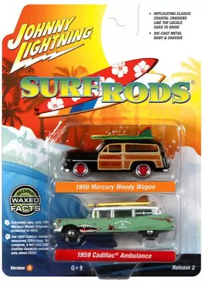 Johnny Lightning Surf Rods Mercury Woody Wagon & Cadillac Ambulance 2Pk 1:64 Car • $11.99