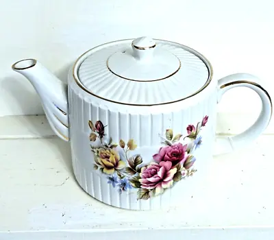 Vintage English Ellgreave Teapot Cottage Rose 4X9 Ribbed Gold Trim Ironstone • $28