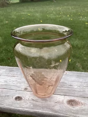 Vintage Pink Glass Vase Etched Grape Design 10  Tall X 8” Diameter • $29.95