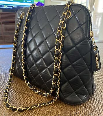 Vintage CHANEL Black  Zip Chain Shoulder  Bag Quilted Leather Medium Size • $2500
