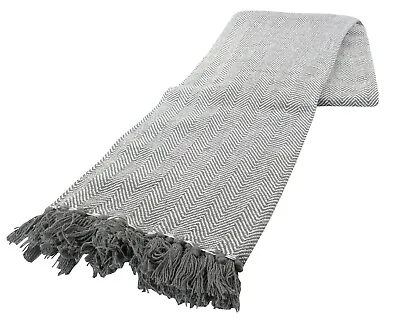 100% Cotton Dark Grey Tweed Herringbone Large Sofa Bed Throw Blanket Fringed New • £9.95