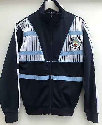 MANCHESTER CITY Retro Football Track Top Jacket Score Draw Blue Mens Small S • £29.95