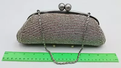 JOHN LEWIS Silver Beaded Glitzy Clutch Party Handbag Chain Strap Size 25x11x6 Cm • £10
