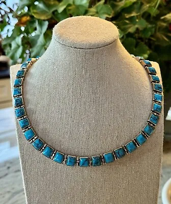 TAXCO MEXICO Block Tile TURQUOISE STERLING SILVER 925 NECKLACE 91g • $325