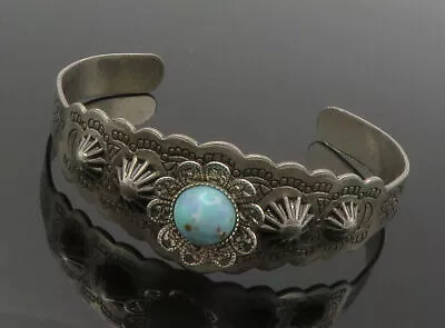 SOUTHWESTERN 925 Silver - Vintage Turquoise Floral Motif Cuff Bracelet - BT5694 • $89.99