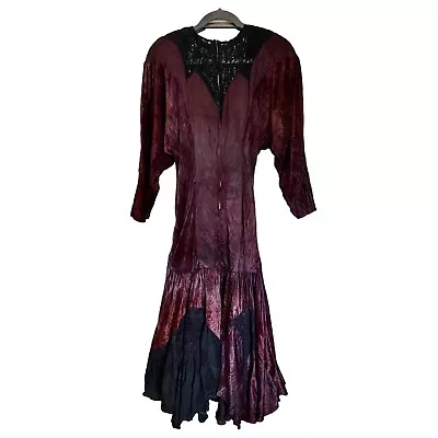 Gothic Victorian Fairy Dress Crushed Velvet Lace Handkerchief Hem Long Sleeve • $36.99