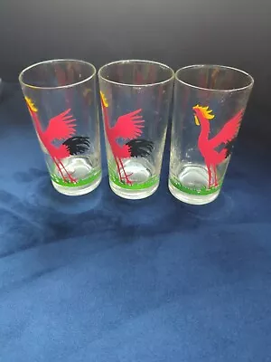 Vintage Red Crowing Rooster Tumblers 5  Tall Federal Glass Set Of 3 • $29