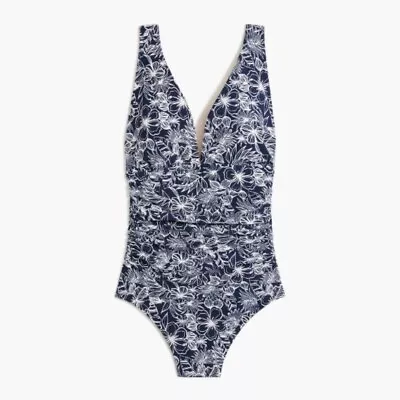 J. Crew V-Neck Ruched One Piece Swimsuit Blue Floral M NEW • $34.99