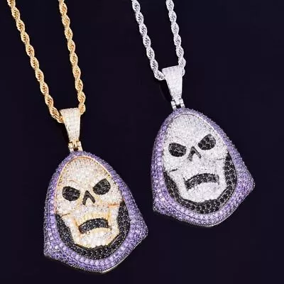 Mens 18k Gold 925 Silver Flooded Ice Skeletor Micro Pave Hip Hop Pendant Chains • $39.99