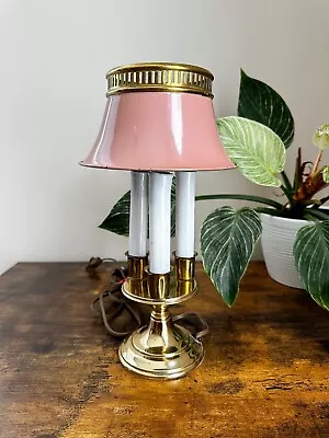 Vintage French Bouillotte Candlestick Table Lamp Pink Enamel & Brass Metal Shade • $95