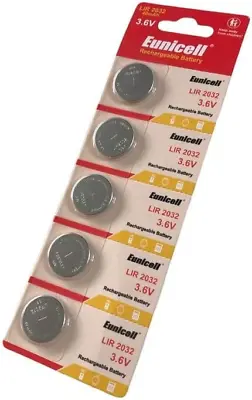 LIR2032 5 Pack Rechargeable CR2032 Button Cell Battery Eunicell • £8.04