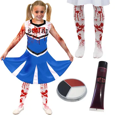 Girls Zombie Cheerleader Blue Halloween Fancy Dress Costume Kids Death • £11.99