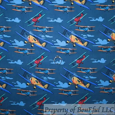 BonEFul FQ Cotton Quilt Blue Water Cloud Sky Sea Yellow Red Airplane Seaplane US • $4.38