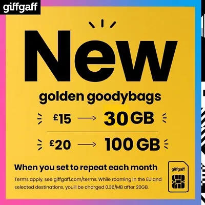 £0.99 • Buy 100GB New Giff Gaff Sim Card Gold Goodybag Pay As You Go StandardMicroNano 4G 5G