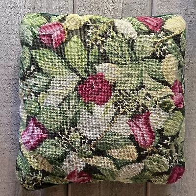 Vintage Needlepoint Pillow Floral Roses Velvet Backed 13” • $32