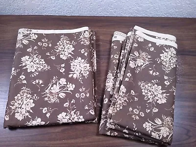 100% Cotton Quilt Fabric Vintage Material 4+ Yards 2pc Brown Floral 70s Daffodil • $31.98
