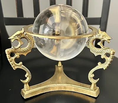 Vintage Glass Crystal Ball Sphere Brass 3 Dragons Stand Holder • $75