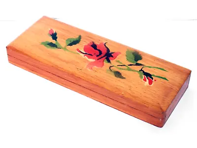 £9.99 • Buy Vintage Wooden Pencil Box With Stencil Rose Design On Hinged Lid. Floral Box
