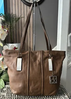 Calvin Klein CK Brown Leather Shoulder Tote Bag Handbag • £37