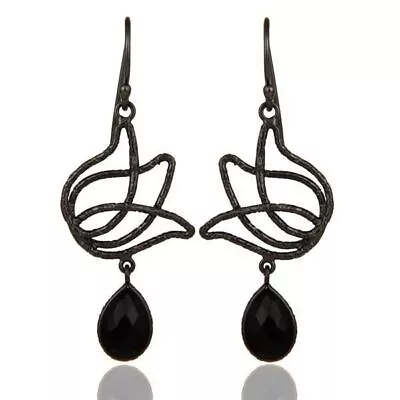 Natural Black Lotus Design Black Rhodium 925 Sterling Silver Dangle Earrings • $41.20