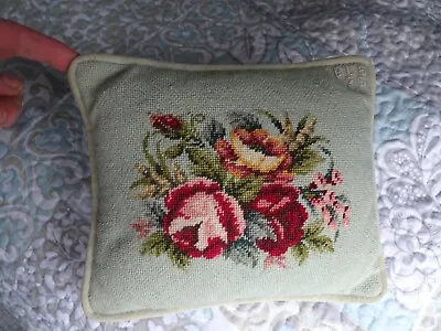 Cabbage Rose Floral Petit Point Celadon Pillow W/ Velveteen Zipped Back-8x10 • $32