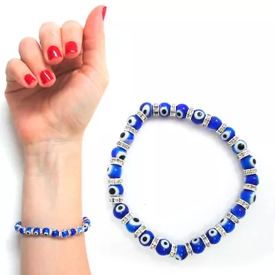 Evil Eye Glass Beads Bracelet Stretch Hamsa Lampwork 6mm Good Luck Kabbalah Blue • $6.16