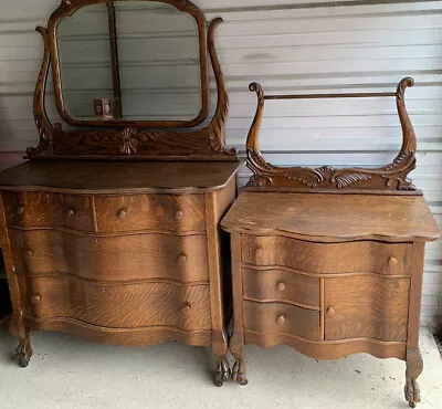 Antique Tiger Wood Oak Serpentine Mirror Dresser And Washstand • $2800