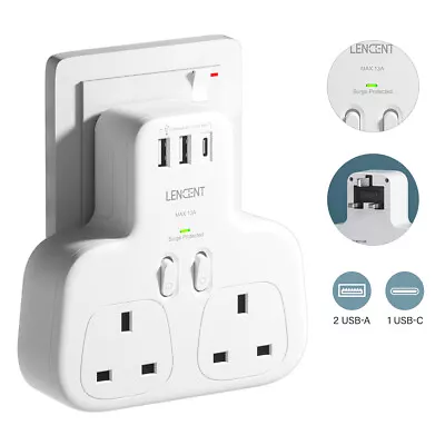 LENCENT 2 Way UK 3 Pin Plug Extension Multi Way Wall Socket W/ 3 USB & Switches • £16.99