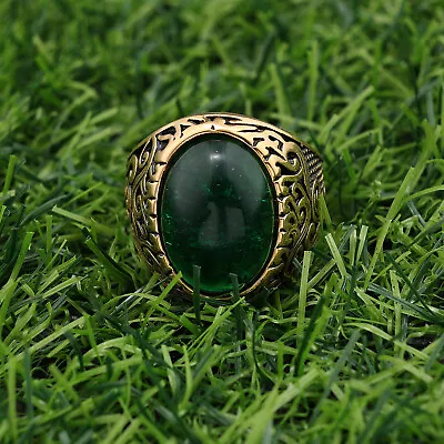 Mens Gold Plated Green Cats Eye Stone Ring Men Stainless Steel Size 7-13 • $14.99