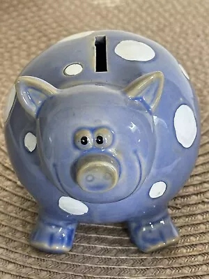 VINTAGE STONEWARE PIG PIGGY BANK Blue White Polka Dots EUC • $23.50
