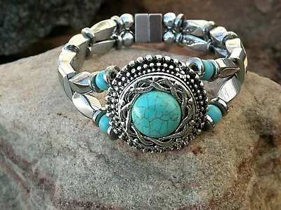 Western Silver Magnetic Hematite Bracelet Anklet 2Row Slider Turquoise Men Women • $46.99