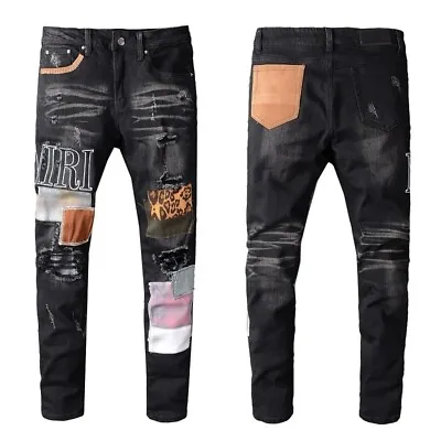 Men's Ripped Embroidery Patchwork Stretch Ripped Leopard Skinny Fit Denim Jeans • $58.48