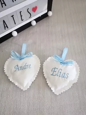 Pram Charm Personalised Heart Shaped Baby Gift White With Blue Or Pink • £9