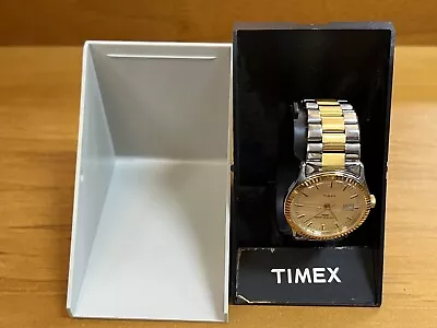 Vintage Timex Mechanical Watch Men's Fluted Bezel Date Gold/Silver Tone Wind Up • $34.99