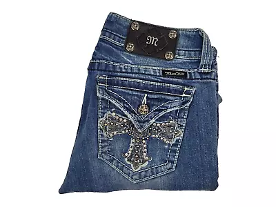 Miss Me Signature Boot Cut Low Rise Jeans 30x31 Rhinestones Cross Dark Wash Blue • $29.99